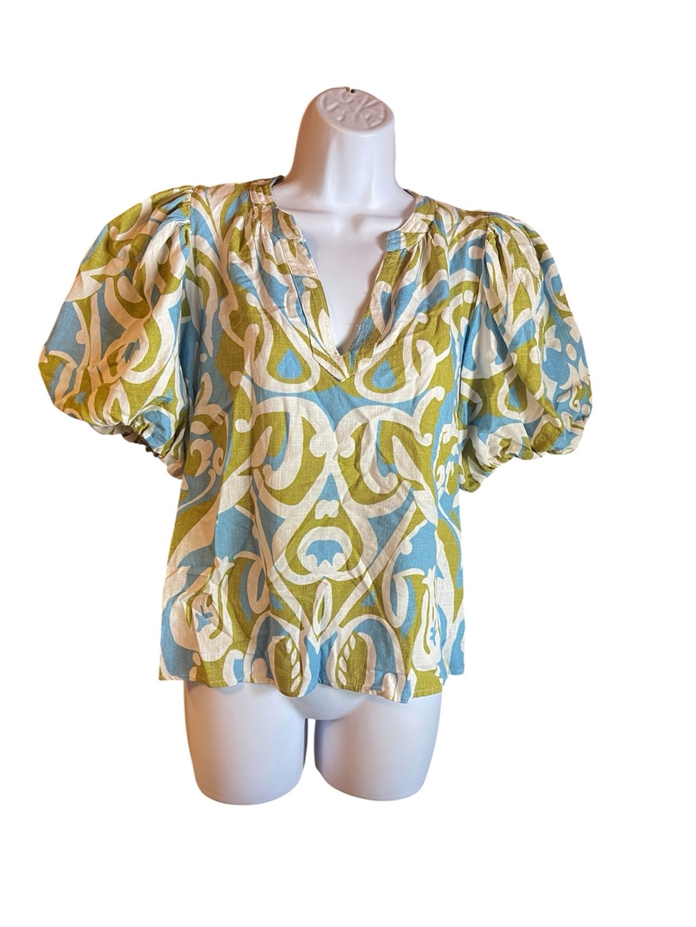 CeCe Blue, Green & Cream Puff-Sleeve V-Neck Blouse